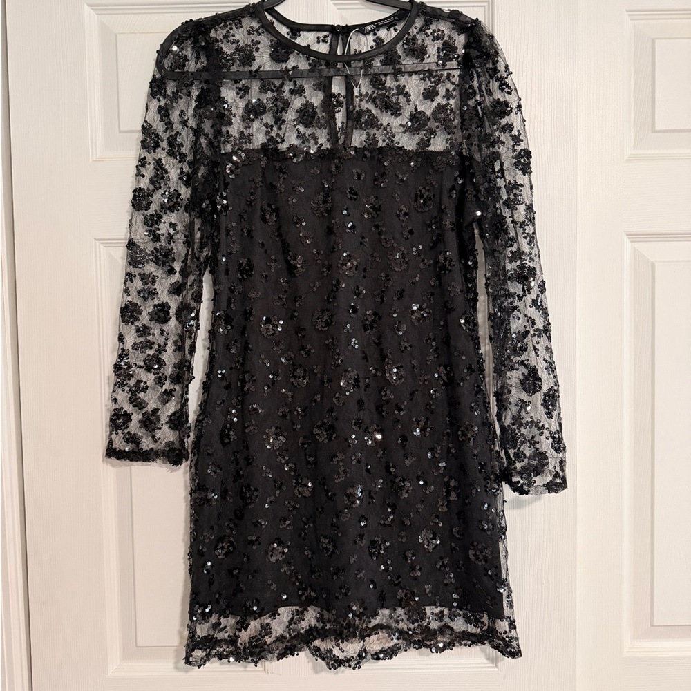 Zara Black Sequin Floral Lace Long Sleeve Dress